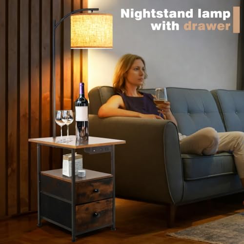 Image of PESRAE Floor Lamp with Table & 2 Drawers, End Table with Lamp | Charging Station with USB, Type-C & AC Outlet; 9W LED Bulb with 3 Color Temperatures for Bedroom, Living Room & Home Office