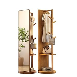 Full Length Mirror 63″ x 12.6″, 363° Swivel with Cloak Rack, Solid Wood Frame, Simple Modern Style, Living Room, Bedroom, Cloakroom Mirror
