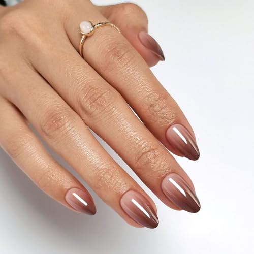 SHANGMENG Brown Ombre Press on Nails Short - Fall Chrome Press on Nails Almond for Women Gift, Natural & Glossy Stick on Nails in 16 Sizes - 32 Reusable Soft Gel Fake Nails with Glue, Iced America...