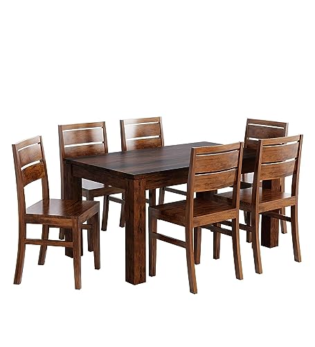 Image of RECTART Nexa Square Solid Sheesham Wood Dining Table with 6 Chairs, 7- Piece - Honey Teak Brown