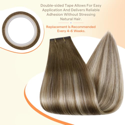 Image of Full Shine Hand Tied Tape in Extensions Human Hair, 50g 20 Inch | Brown to Ash Blonde Balayage, Human Hair Tape in Extensions with Hand Tied Weft, No Glue Design for Added Volume