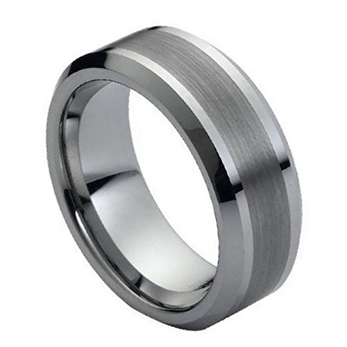 Double Accent 8Mm Comfort Fit Tungsten Carbide Wedding Band Beveled Edges Brushed Center Tungsten Ring (5 To 15), 12 #TOP2