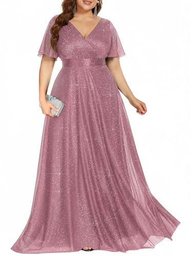 Image of Ever-Pretty Plus Women's Glitter Formal Dress Evening Gown for Gala V-Neck Short Sleeve Floor Length Plus Size Prom Dresses