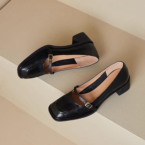 Women's Leather Block Heel Mary Janes Classic Square Toe Buckle Mid Block Heel Pumps for Wedding Party Dress Shoes3