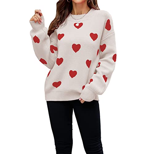 Image of Cute Sweaters for Women Girls Lovely Heart Printed Loose Casual Oversized Sweaters Crewneck Long Sleeve Pullover Knit Top (as1, Alpha, s, Regular, Regular, Standard, Red Apricot, Small)
