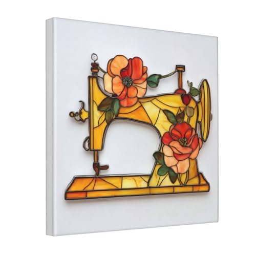 Lienzo decorativo Woshuwo con máquina de coser y flores, cuadro enmarcado de 30x30 cm para pared