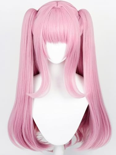 Image of Half and Half Pink Ponytail Wig with Bang Long Curly Dark Pink Anime Cosplay Wigs Purple Pink Pigtails Twin Tails Wigs for Women Halloween Daily