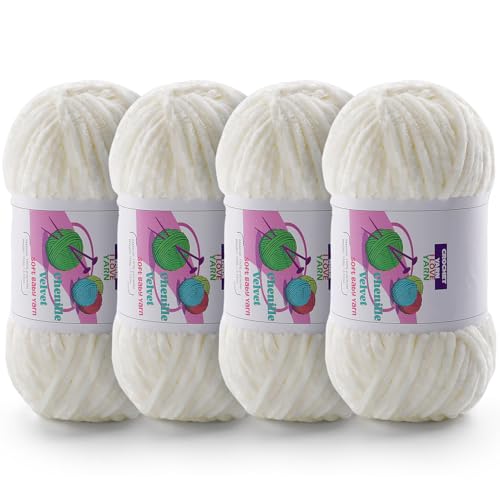 Image of Chenille Velvet Yarn for Crocheting, White Fuzzy Fluffy Yarn for Crochet