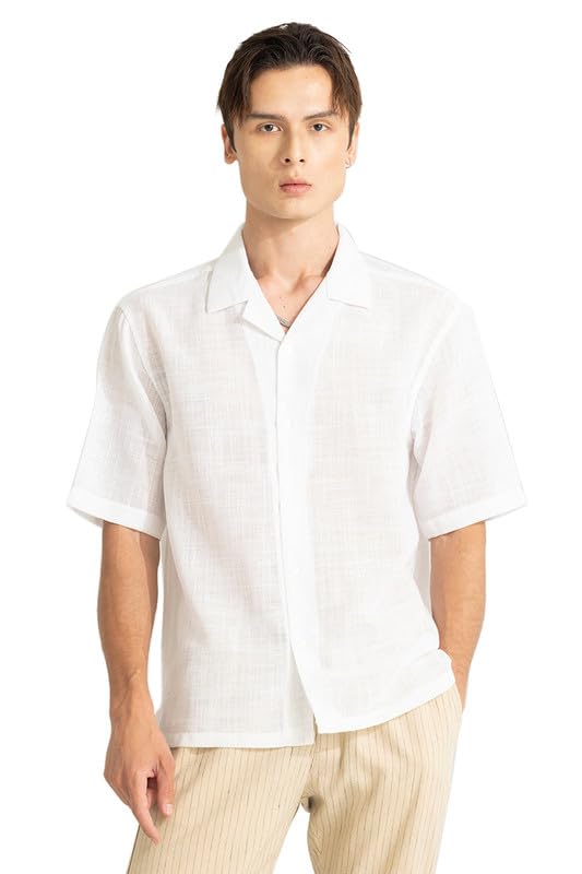 Image of SNITCH Roomy White Cuban Collar Solid Relaxed Fit Shirt