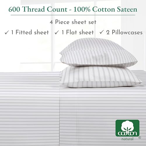 CALIFORNIA DESIGN DEN 5-Star Hotel 600 Thread Count 100% Cotton, Soft & Smooth Queen Sheet Set with Deep Pockets, Quality Beats Egyptian Cotton Claims (Ticking Stripe Grey)