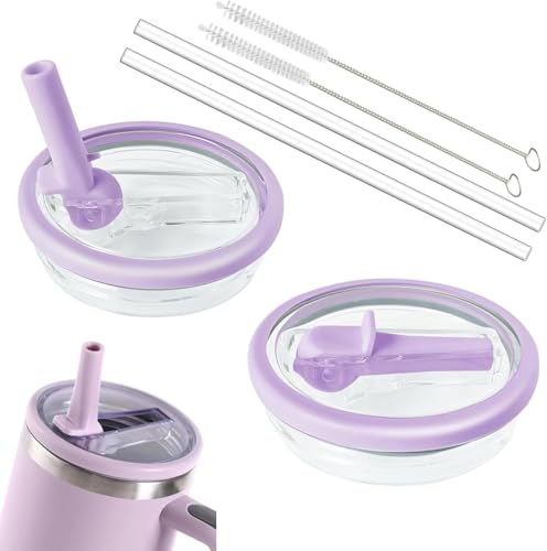 2pcs Stanley Cup Leakproof Lid with Straws for Stanley 40oz Replacement, No-Spill Cup Lids for Stanley Quencher, Tumbler Flip Straw Lid Include Cleaning Brush for Stanley Accessories (Purple)