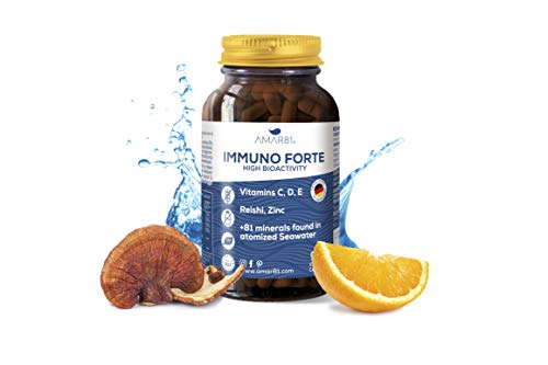 Vitaminas C, D, E, Zinc, Reishi y minerales de Agua de mar evaporada| 3 meses |Creado en Alemania |Ayuda a reforzar el sistema inmunitario y defensas*|AMAR81 Immuno