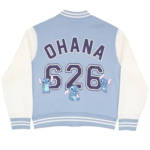 Image of Disney Lilo & Stitch Girl's Zip-Up Varsity Bomber Jacket - Casual Lightweight Coat with Stitch Graphic Print for Kids