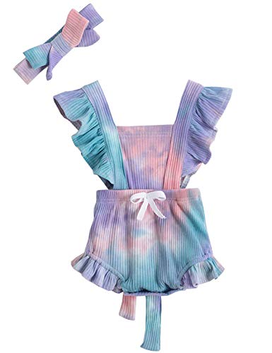 Newborn Baby Girl Romper Tie Dye Bodysuit Toddler Ruffle Sleeveless Jumpsuit Outfit With Headband