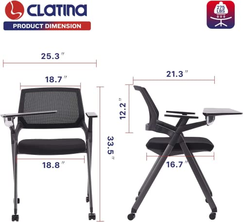 Clatina Stackable Folding Tablet Arm Guest Chair With Wheels, Ergonomic Mesh Back Nesting Chairs With Thickened Fabric Seat For Office Waiting Room Training Conference School Guest Reception, Black #TOP2