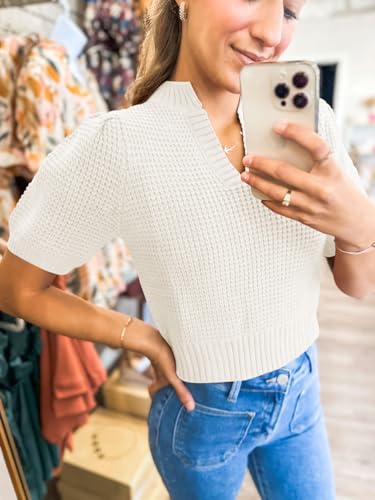 Image of Saodimallsu Womens Puff Short Sleeve Sweater Top Waffle Knit V Neck Spring Summer Cropped Trendy Cute Shirts Blouses White