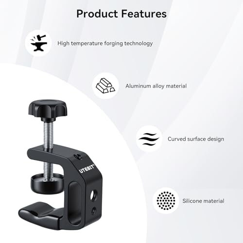 Image of UTEBIT 0.36 inch-1.2 inch Universal Aluminum C-Desk Clamp, Black | Adjustable Support Clamp with 1 /4 inch and 3 /8 inch Thread for Desktop Mount Holder Flash Desks Carts Benches Worktables