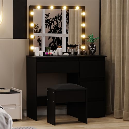 GarveeHome Makeup Vanity Desk with Mirror & Lights, Vanity Desk with Power Outlet, Large Makeup Table with Stool & 4 Drawers Black
