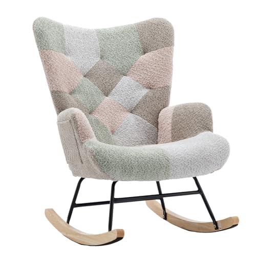 Image of FurniTribe Rocking Chair for Nursery, Upholstered Teddy Fabric Nursing Chair with High Backrest, Modern Accent Glider Rocker Chair for Living Room Bedroom (Macaroon)