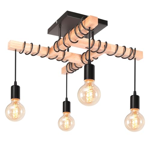 Lustre plafonnier industriel noir 4 lampes E27 suspension luminaire vintage bois rétro