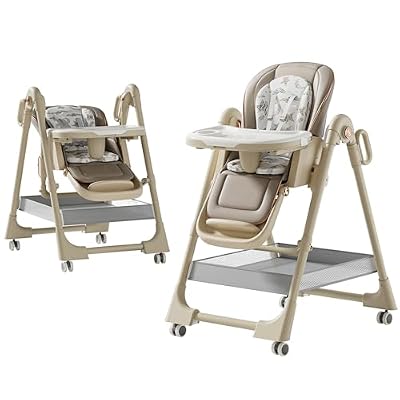 Nine point nine PU Leather High Chair, Highchair for Babies and Toddlers, Adjustable Baby High Chair, Easy to Fold Baby Chair (X8122 Khaki)
