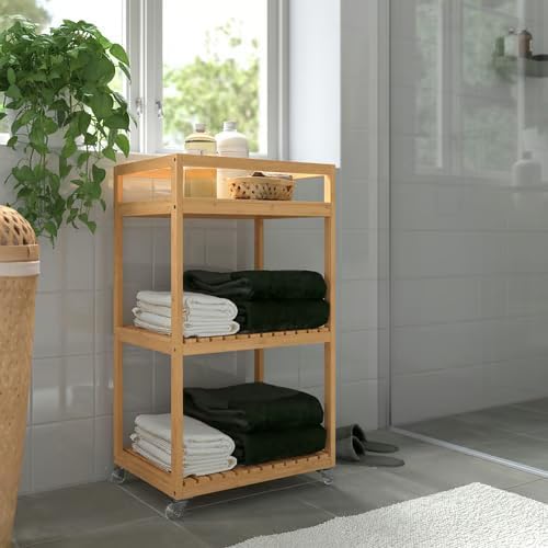 Bamboo Rolling Cart with 3 Shelves, Bathroom Storage Cart on Wheels with Slatted Design, Mobile Storage Organizer for Kitchen, Laundry or Bedroom, Compact Utility Cart, 16.5 x 13 x 29.88 Inches