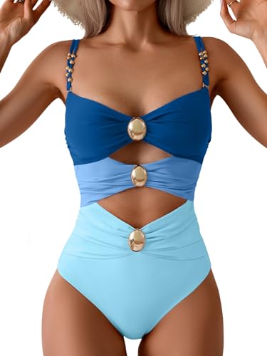 Image of B2prity Cutout One Piece Swimsuit Tummy Control Ruched Monokini Color Block Bathing Suit for Cruise Vacation