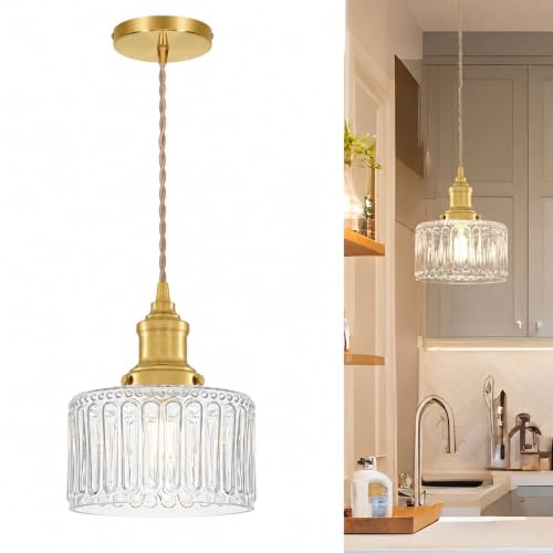 Ditoon Vintage Pendant Lights for Kitchen with Clear Striped Glass Shade, 6.9 In Brushed Gold...