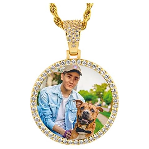 YIMERAIRE Custom Picture Pendant Necklaces 18K Gold Plated Circle Chain Personalized Photo Pendant Necklace CZ Iced Out Hip Hop Gold Men Memory Medallions Pendant Cover