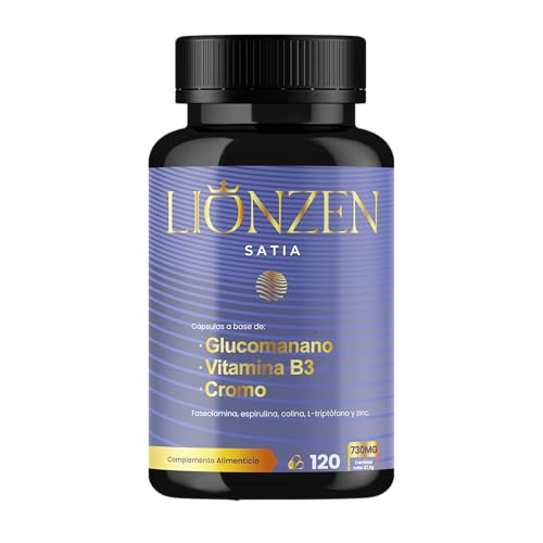 Glucomanano +12 ingredientes efecto Saciante y Control de apetito | Cromo, L-Triptófano, Espirulina, Canela, Vitamina B3, Cayena, Raíz de Konjac | 120 cápsulas | LIONZEN SATIA