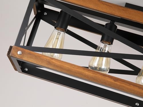 5-Light Large Rustic Farmhouse Wood Flush Mount Ceiling Light Fixture 31.5 inch Oak Wood and Metal Rectangular Track Semi Flush Mount Ceiling Light for Kitchen Living Room Bedroom Indoor, Black by Wylitora - Used condition - Image 6