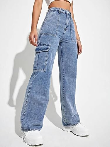 Image of KOTTY Women's Solid High Rise Relaxed Fit Cargo Jeans (Blue,S) KTTLADIESJEANS2461S