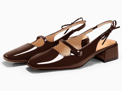 Image of Coutgo Womens Mary Jane Shoes Slingback Chunky Low Heels Bow Closed Square Toe Pumps Wedding Party Dress Shoes