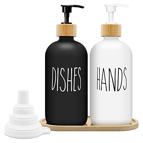 Dispensador de Jabón Blanco y Negro Mate Set 500ml Dosificador Jabon Baño de Vidrio con Bandeja Dispensador de Líquido para Lavavajillas Dispensador de Jabón para Cocina y Ducha Cover