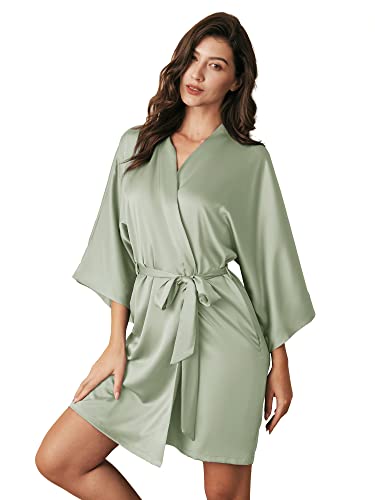 AW BRIDAL Sage Green Short Silk Robes for Wedding and Bridal Party Satin Kimono Bridesmaid Bathrobe with Pockets Sexy Silky Dressing Gown for Bride and Women M