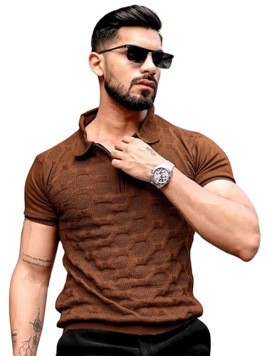 Image of Maniac || Mens || Solid Textured || Half Zip || Polo Neck || Half Sleeve || Cotton || T-Shirt