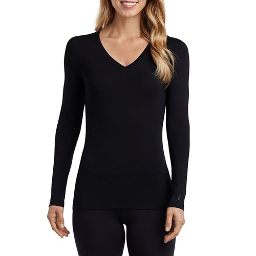 Image of Cuddl Duds Women's Softwear with Stretch Long Sleeve V-Neck, Lightweight Comfort, Ultra-Soft Fabric, Ideal for Layering, Black, X-Large