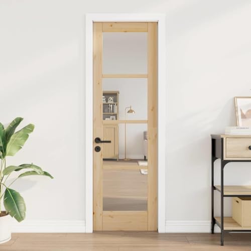 Image of Teenpull ORKDAL Interior Door, Brown Solid Pine Wood, 61 x 198.5 cm with Glass Element, Door Leaf for Bedroom, Living Room, DIY Assembly, Durable, Versatile, Good Privacy