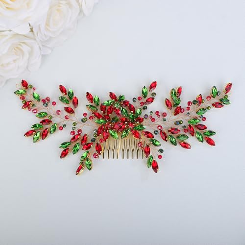 Teyglen Crystal Bride Wedding Hair Comb Green and Red Rhinestone Pearl Headband Christmas Headpiece Party Prom Xmas Hair Accessories Shiny Flower Crystal Hair Side Comb for Women Bride Girls (Gold)