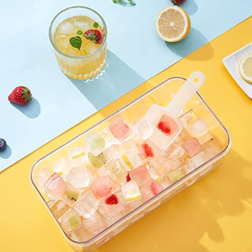 Ice Cube Tray with Lid and Bin, PHINOX 64 pcs Ice Trays for Freezer, Ice Cube Trays for Freezer with 2 Trays, Container, Lid & Ice Scoop, BPA Free