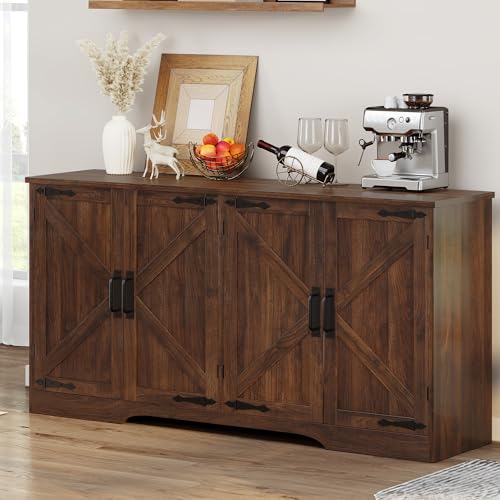 DWVO 62" Farmhouse Buffet Sideboard Cabinet with Adjustable Shelves, Large Coffee Bar Cabinet for Living Room, Kitchen, Entryway, Dark Walnut
