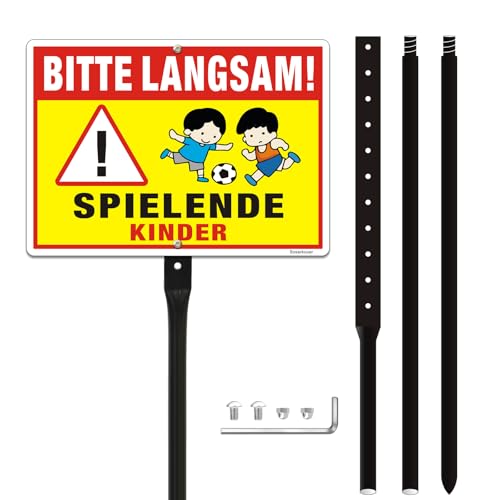 Achtung Kinder Schild XXL 35x25cm Reflektierendes Aluminium Spielende Kinder Warnschild mit Pfosten hoch 1.31m Bitte Langsam Fahren Groß Warnschild UV-Beständig Wasserfest RostfreiGelb