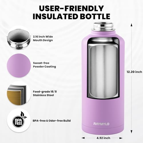 Image of RAYMYLO Insulated Water Bottle 87 oz, Triple Wall Vacuum Stainless Steel (Cold for 48 Hrs), Leak Proof & Non-BPA, Modern Water Flask Jug with Paracord Handle & Straw Spout Lids, Light Purple