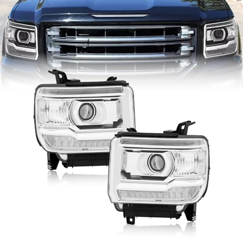 Reinko LED DRL Headlight Assembly Compatible with 2014-2018 GMC Sierra 1500 2015-2019 GMC Sierra 2500HD 3500HD w/Bulbs & Wiring Harness Replacement Pair Headlamp Chrome Housing Clear Reflector