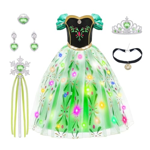 AYBUY Mädchen Kostüm Kleid, Kinder-Prinzessin-Glühkleid, Mit Krone, Zauberstab, Halskette und weiteren Accessoires, Geeignet für Karneval, Verkleidung, Weihnachten, Halloween(110CM)