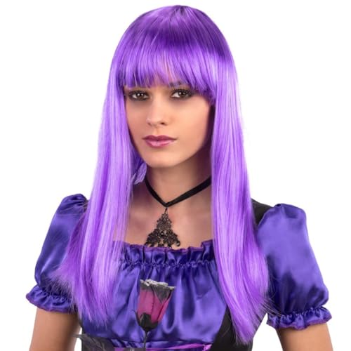 Peruca Longa Colorida Com Franjas Fio Sintético Fantasia (Roxo)