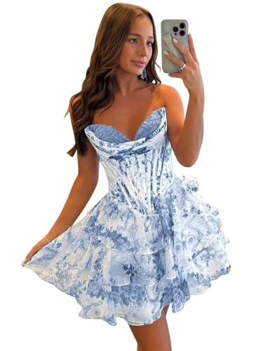 UZN Short Tiered HOCO Dresses 2025 Floral Print Mini Strapless Corset Ruffles Cocktail Party Gowns