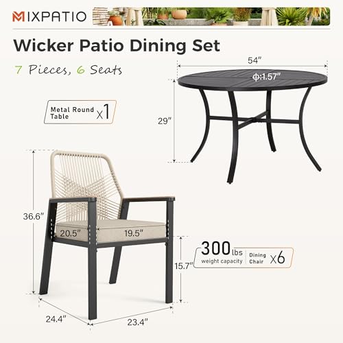 Image of MIXPATIO 7 Pieces Round Outdoor Dining Set for 6, Patio Dining Set Wicker Rattan Chairs with Soft Cushion and 54 inch Round Table with Umbrella Hole, Round Patio Table and Chairs for Backyard Porch
