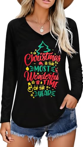 Terecey Christmas Shirts for Women UK Xmas T-Shirts V-Neck Christmas Tops Long Sleeve Casual Loose Ugly Holiday Vacation Clothes Cute Printed Tee, Ink Black S