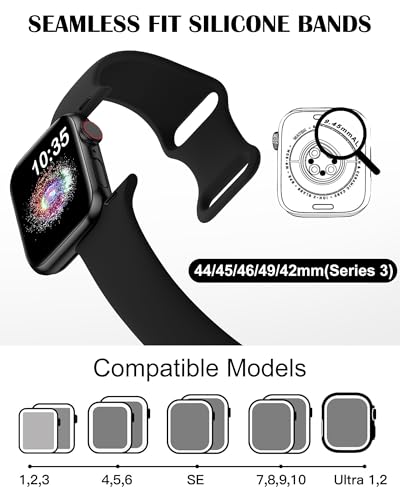 TreasureMax Sport Band Compatible with Apple Watch Bands 38mm 40mm 41mm 42mm 44mm 45mm 46mm 49mm, Soft Silicone Strap Compatible for Apple Watch Ultra 3 Series 11 10 9 SE 8 7 6 5 4 3 Men Women Black